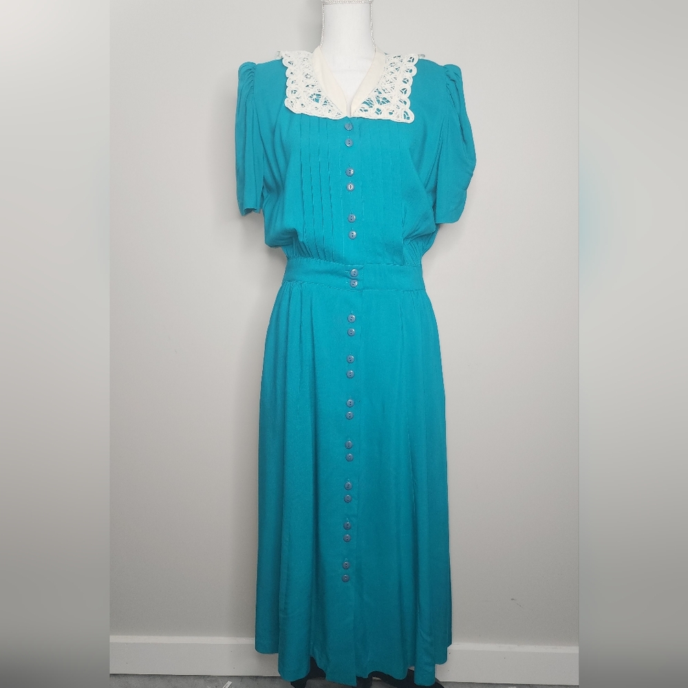 Vintage Teal Lace Collar Midi Dress 80s 90s Blouson Pleated Retro Style